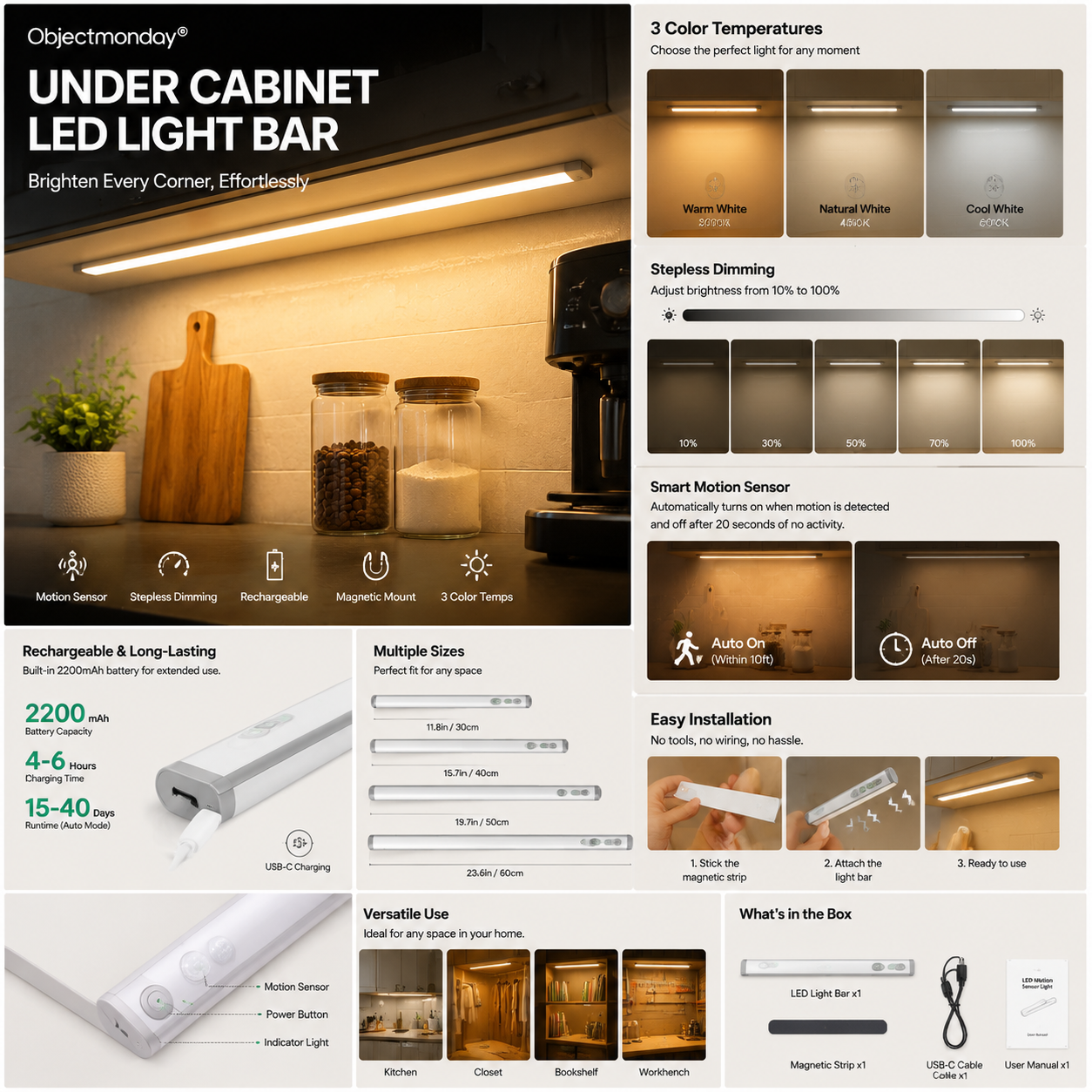 Objectmonday® Under Cabinet LED Light Bar