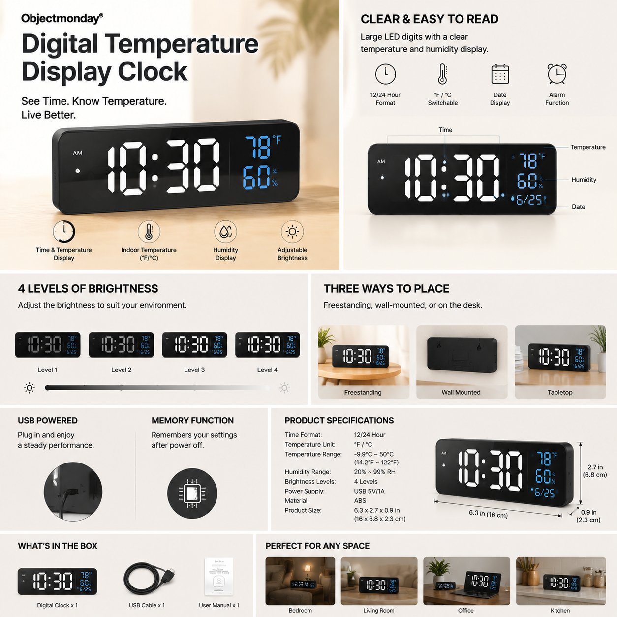 Objectmonday® Digital Temperature Display Clock