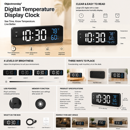 Objectmonday® Digital Temperature Display Clock